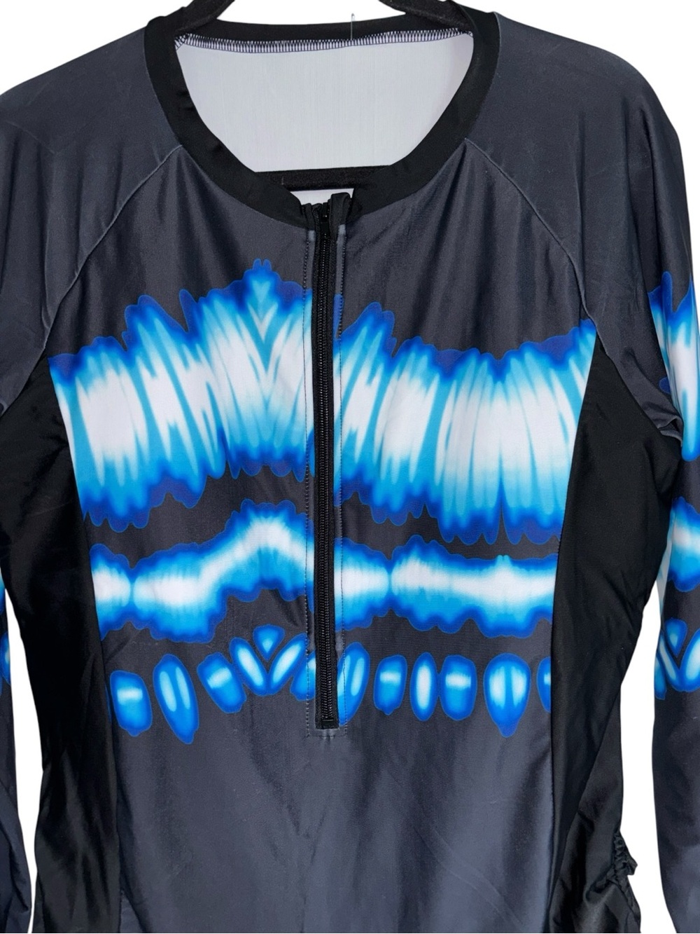 Women's Black Rash Guard with Blue Tie-Dye Accents, PTP:19.5-21”, L:27”, NWOT - Picture 2 of 10